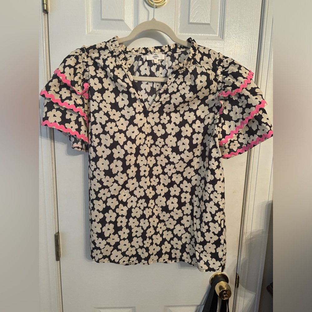 Entro Black and White Floral Blouse with Pink Accents